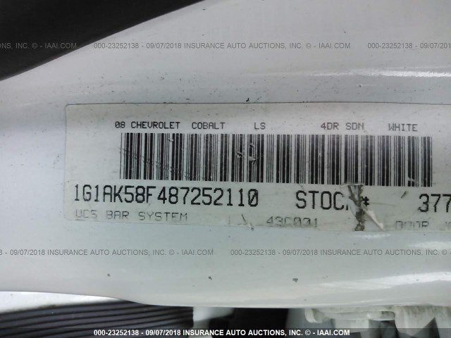 1G1AK58F487252110 - 2008 CHEVROLET COBALT LS WHITE photo 9