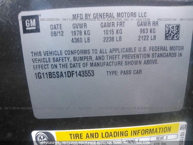 1G11B5SA1DF143553 - 2013 CHEVROLET MALIBU LS 灰色 照片 9