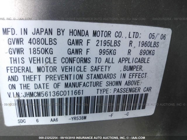 JHMCM56136C011661 - 2006 HONDA ACCORD VALUE GOLD photo 9