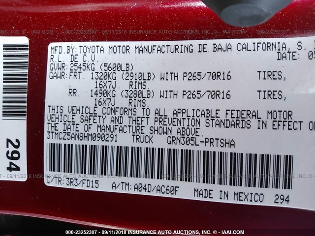 3TMCZ5AN8HM090291 - 2017 TOYOTA TACOMA DBL CAB/SR/TRDSPT/OR/PRO წითელი ფოტო 9