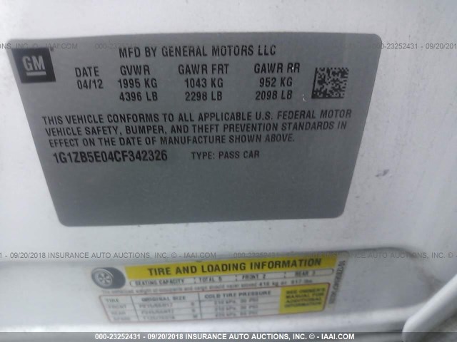 1G1ZB5E04CF342326 - 2012 CHEVROLET MALIBU LS Ağ foto 9