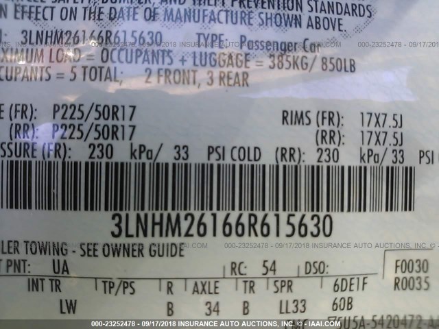 3LNHM26166R615630 - 2006 LINCOLN ZEPHYR 黑色 照片 9