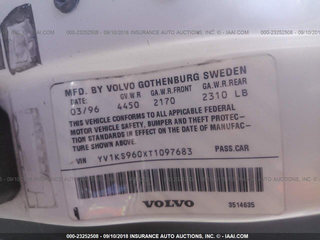 YV1KS960XT1097683 - 1996 VOLVO 960 WHITE photo 9