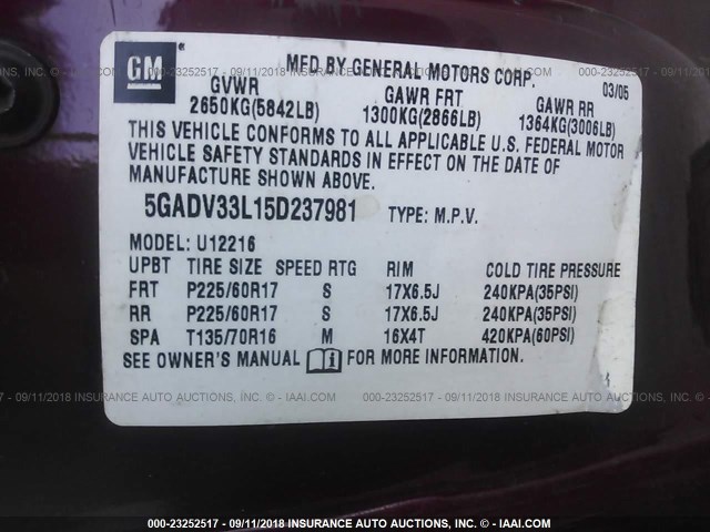 5GADV33L15D237981 - 2005 BUICK TERRAZA CXL BURGUNDY photo 9