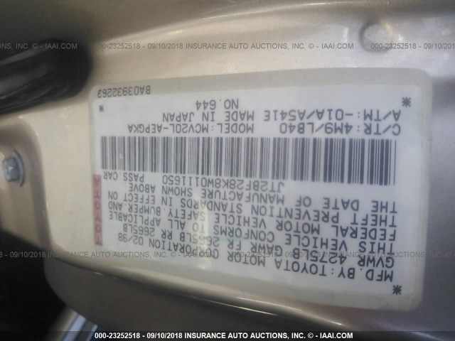 JT2BF28K8W0111650 - 1998 TOYOTA CAMRY LE/XLE GOLD photo 9