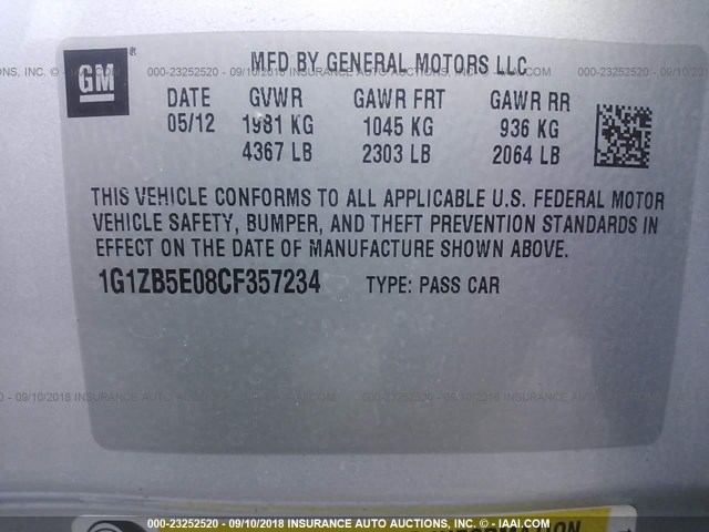 1G1ZB5E08CF357234 - 2012 CHEVROLET MALIBU LS 银色 照片 9