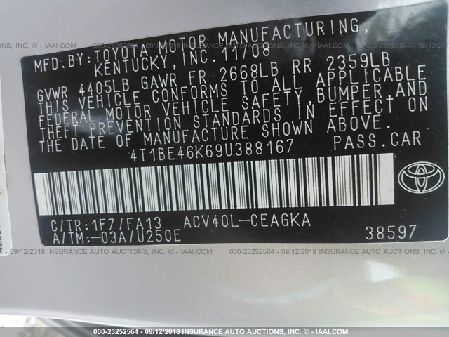 4T1BE46K69U388167 - 2009 TOYOTA CAMRY SE/LE/XLE ნაცრისფერი ფოტო 9