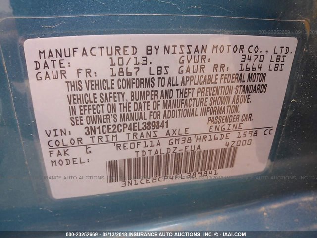 3N1CE2CP4EL389841 - 2014 NISSAN VERSA NOTE S/S PLUS/SV/SL BLUE photo 9