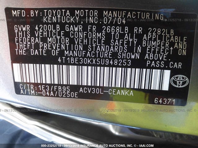 4T1BE30KX5U948253 - 2005 TOYOTA CAMRY LE/XLE/SE 灰色 照片 9