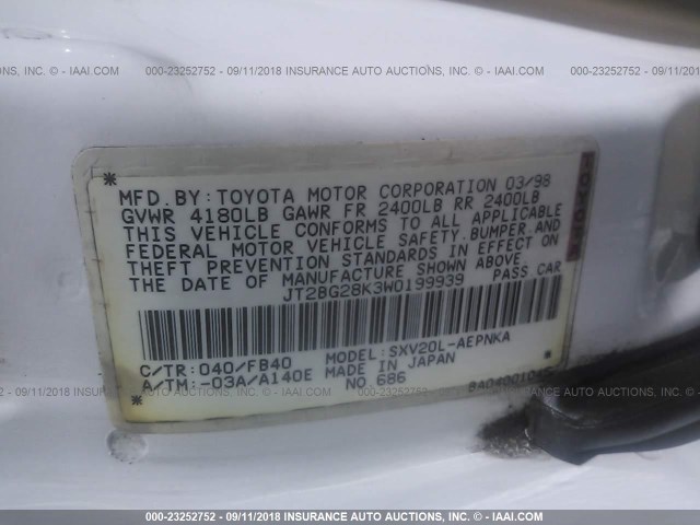 JT2BG28K3W0199939 - 1998 TOYOTA CAMRY LE/XLE Ақ фото 9