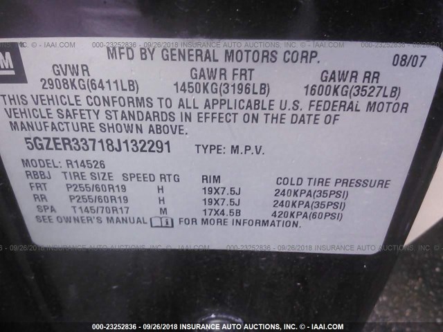 5GZER33718J132291 - 2008 SATURN OUTLOOK XR/TOURING 紫色 照片 9