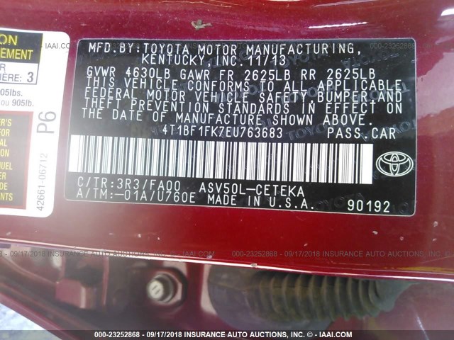 4T1BF1FK7EU763683 - 2014 TOYOTA CAMRY L/SE/LE/XLE RED photo 9