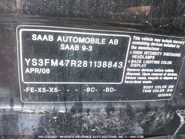 YS3FM47R281138843 - 2008 SAAB 9-3 TURBOX BLACK photo 9