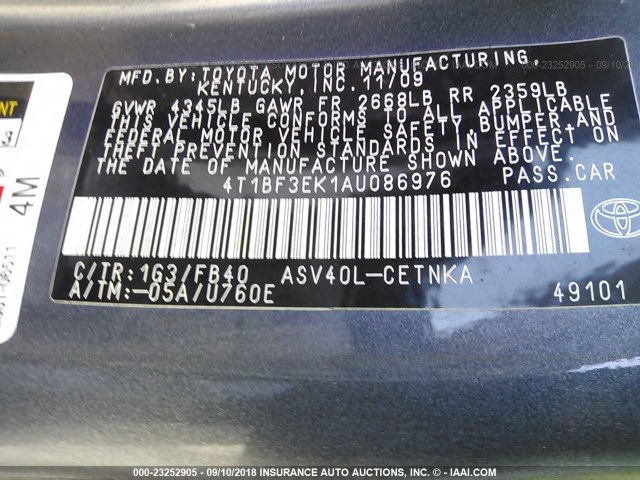 4T1BF3EK1AU086976 - 2010 TOYOTA CAMRY SE/LE/XLE ნაცრისფერი ფოტო 9