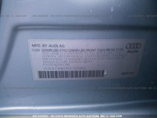 WAULC68E04A154986 - 2004 AUDI A4 1.8T QUATTRO Light Blue photo 9