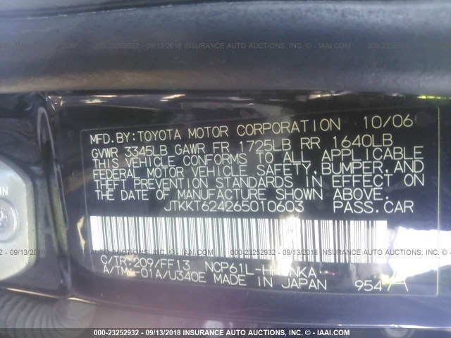JTKKT624265010603 - 2006 TOYOTA SCION XA BLACK photo 9