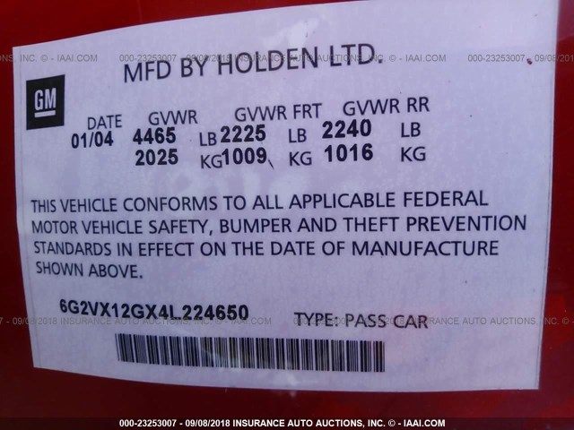 6G2VX12GX4L224650 - 2004 PONTIAC GTO RED photo 9