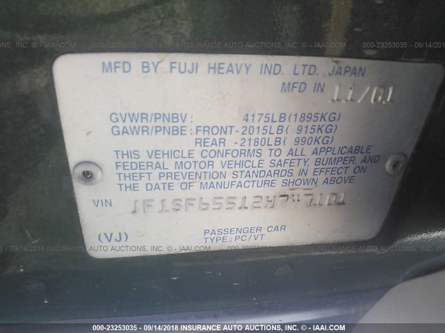 JF1SF65512H747101 - 2002 SUBARU FORESTER S GREEN photo 9