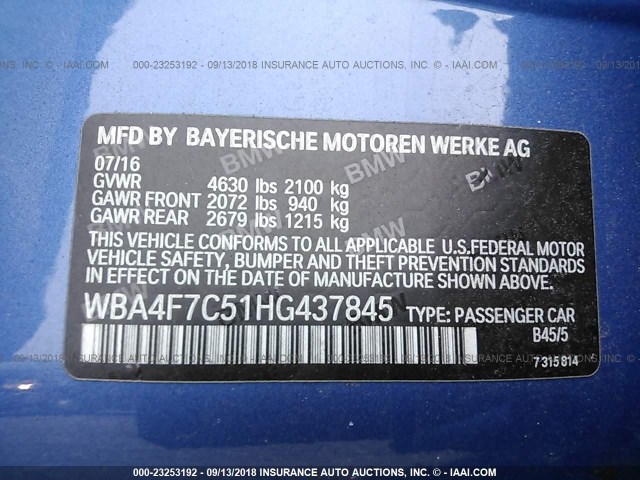 WBA4F7C51HG437845 - 2017 BMW 430I GRAN COUPE BLUE photo 9