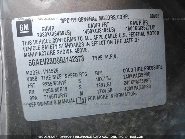 5GAEV23D99J142373 - 2009 BUICK ENCLAVE CXL ყავისფერი ფოტო 9