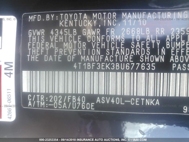 4T1BF3EK3BU677635 - 2011 TOYOTA CAMRY SE/LE/XLE 深蓝色 照片 9