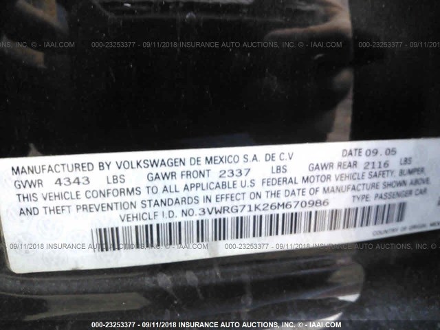 3VWRG71K26M670986 - 2006 VOLKSWAGEN JETTA 2.5 BLACK photo 9