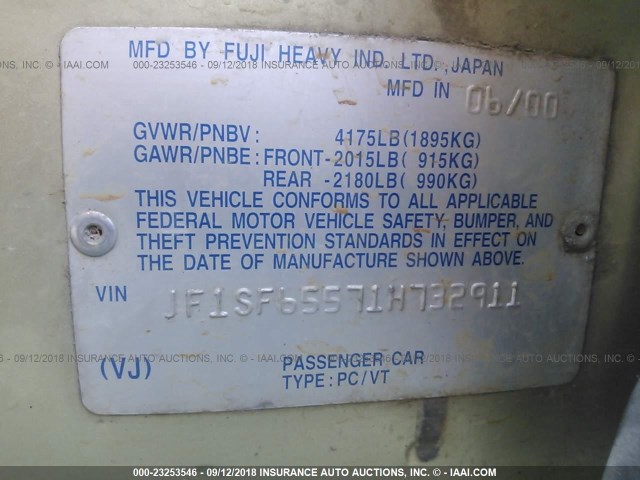 JF1SF65571H732911 - 2001 SUBARU FORESTER S GOLD photo 9