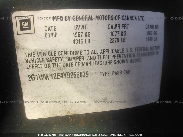 2G1WW12E4Y9266039 - 2000 CHEVROLET MONTE CARLO LS 绿色 照片 9