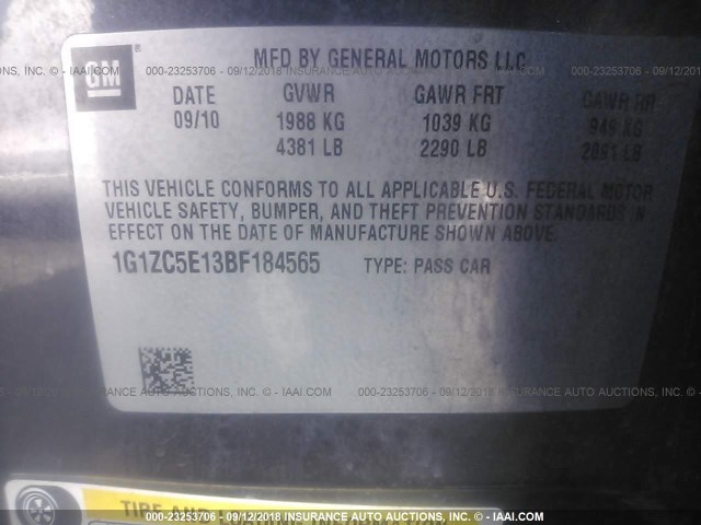 1G1ZC5E13BF184565 - 2011 CHEVROLET MALIBU 1LT ნაცრისფერი ფოტო 9