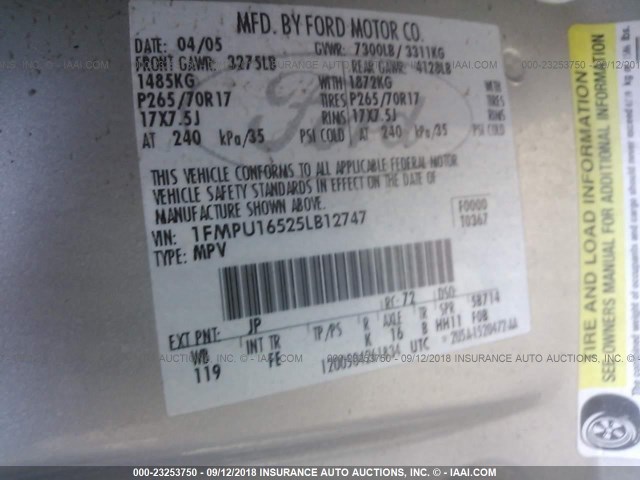 1FMPU16525LB12747 - 2005 FORD EXPEDITION XLT SILVER photo 9