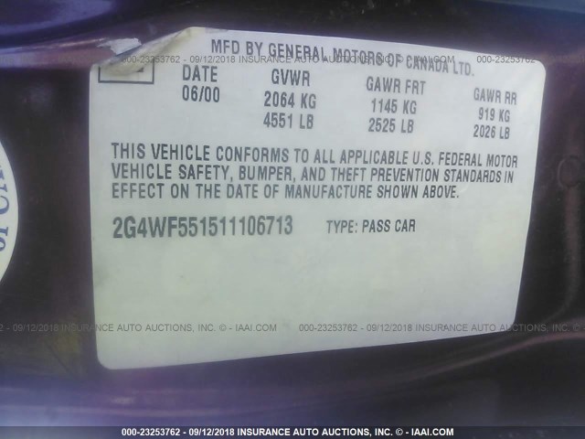 2G4WF551511106713 - 2001 BUICK REGAL GS BURGUNDY photo 9