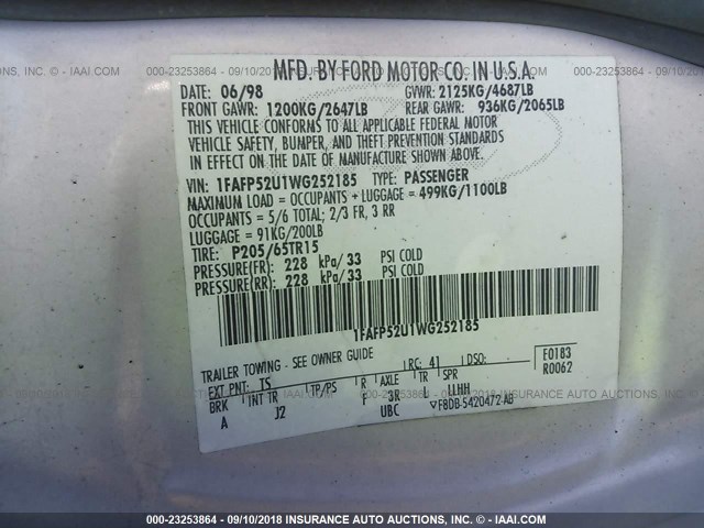 1FAFP52U1WG252185 - 1998 FORD TAURUS LX/SE SILVER photo 9