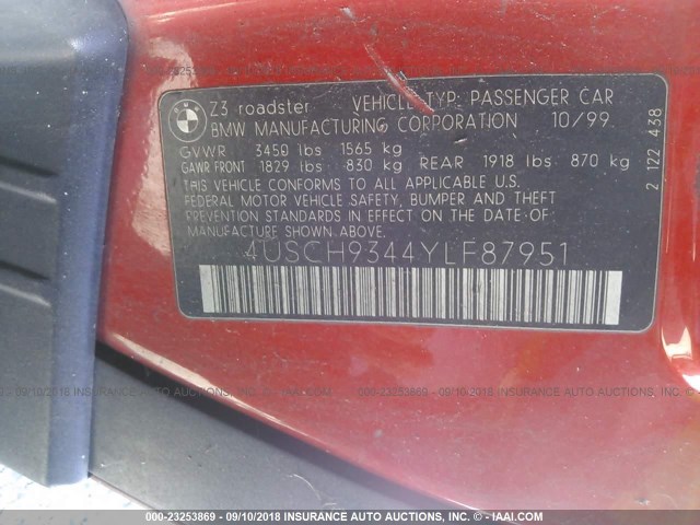 4USCH9344YLF87951 - 2000 BMW Z3 2.3 RED photo 9