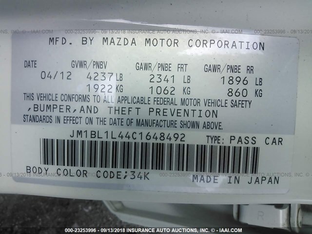 JM1BL1L44C1648492 - 2012 MAZDA SPEED 3 WHITE photo 9