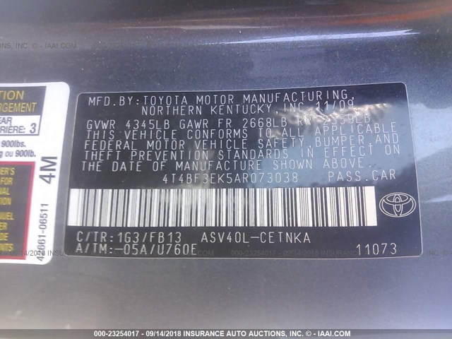 4T4BF3EK5AR073038 - 2010 TOYOTA CAMRY SE/LE/XLE GRAY photo 9