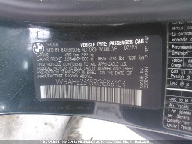 WBAHE2315RGE86104 - 1994 BMW 530 I AUTOMATIC GREEN photo 9