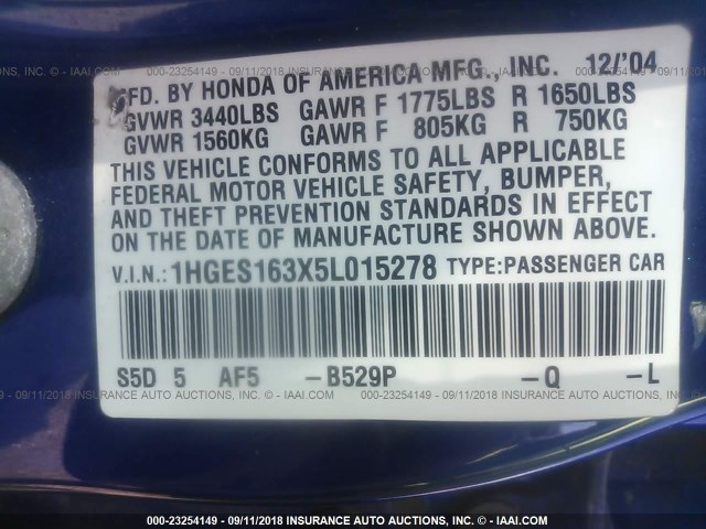 1HGES163X5L015278 - 2005 HONDA CIVIC DX VP Mavi foto 9