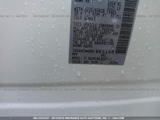 5N1AR2MN8DC665188 - 2013 NISSAN PATHFINDER S/SV/SL/PLATINUM WHITE photo 9