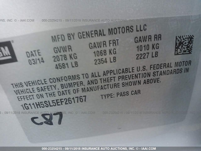 1G11H5SL5EF261767 - 2014 CHEVROLET MALIBU LTZ 银色 照片 9