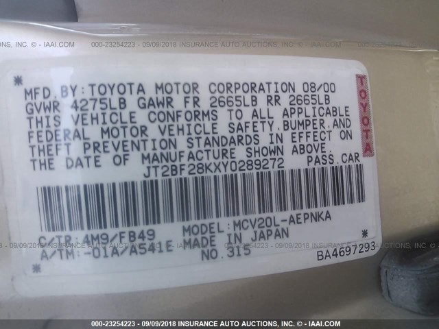 JT2BF28KXY0289272 - 2000 TOYOTA CAMRY LE/XLE Beige Foto 9