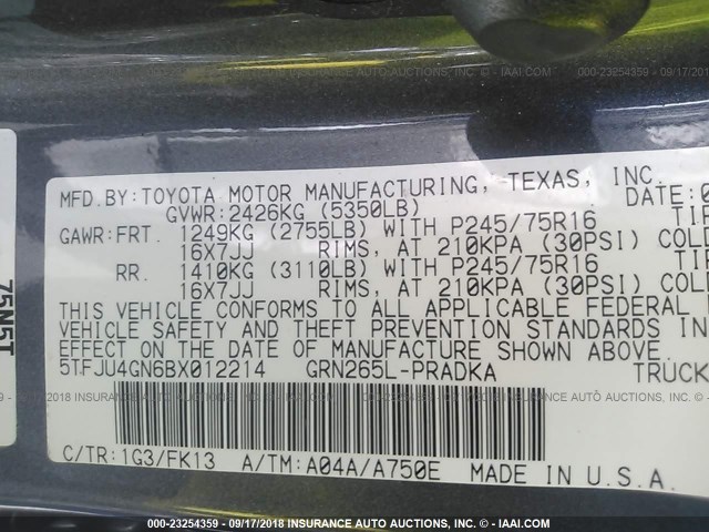 5TFJU4GN6BX012214 - 2011 TOYOTA TACOMA DOUBLE CAB PRERUNNER GRAY photo 9