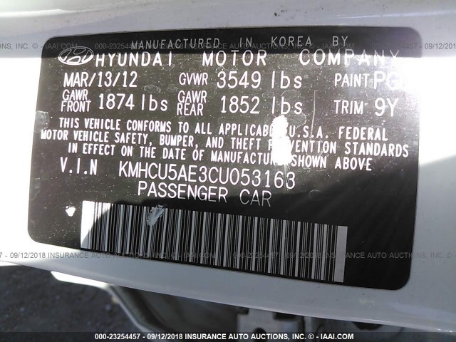 KMHCU5AE3CU053163 - 2012 HYUNDAI ACCENT GLS/GS/SE WHITE photo 9