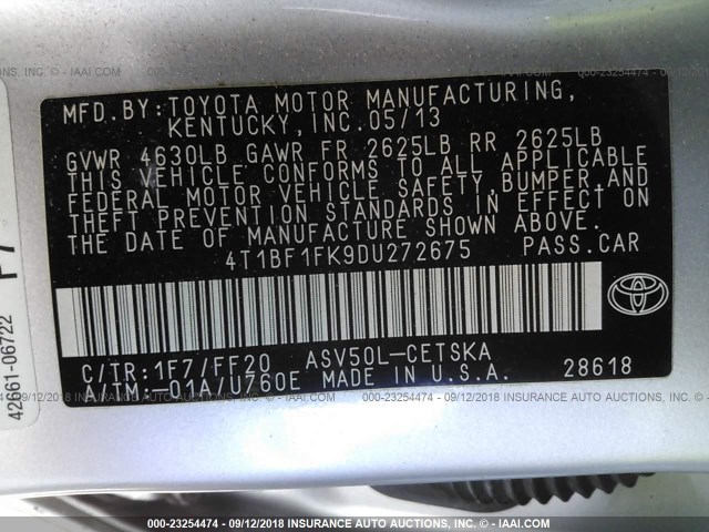 4T1BF1FK9DU272675 - 2013 TOYOTA CAMRY L/SE/LE/XLE Gümüş foto 9