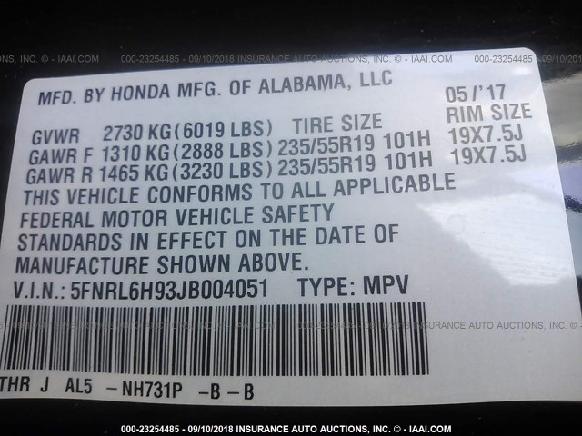 5FNRL6H93JB004051 - 2018 HONDA ODYSSEY ELITE Negro foto 9