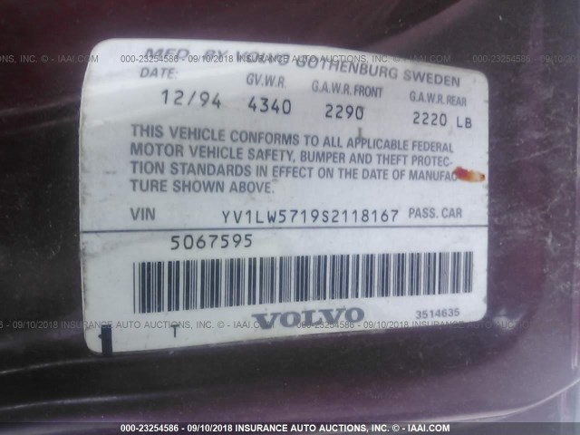 YV1LW5719S2118167 - 1995 VOLVO 850 RED photo 9