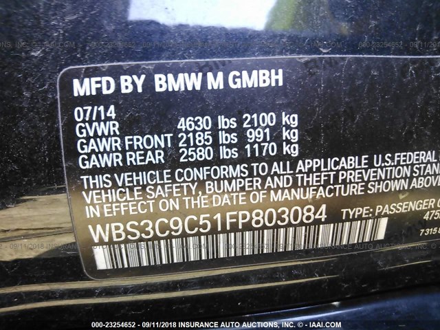 WBS3C9C51FP803084 - 2015 BMW M3 BLACK photo 9