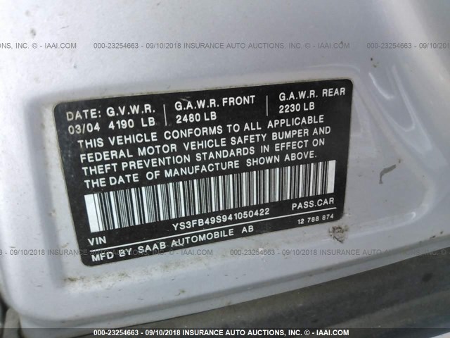 YS3FB49S941050422 - 2004 SAAB 9-3 LINEAR SILVER photo 9