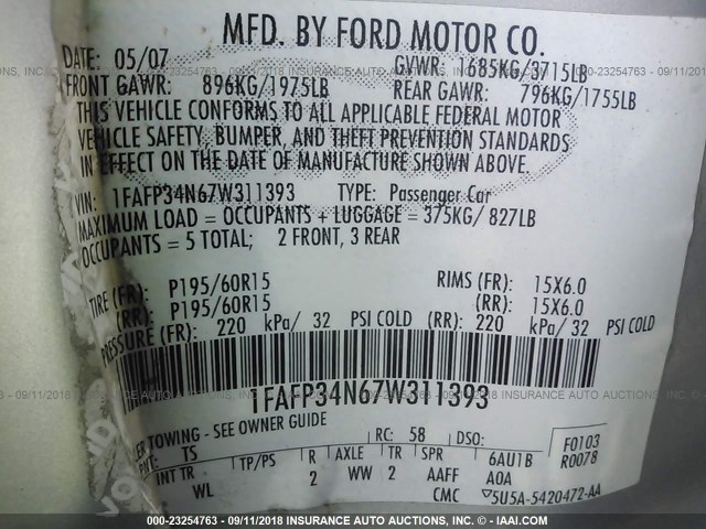 1FAFP34N67W311393 - 2007 FORD FOCUS ZX4/S/SE/SES 银色 照片 9