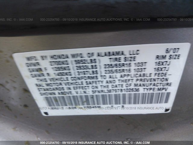 5FNRL38797B102636 - 2007 HONDA ODYSSEY EXL GOLD photo 9