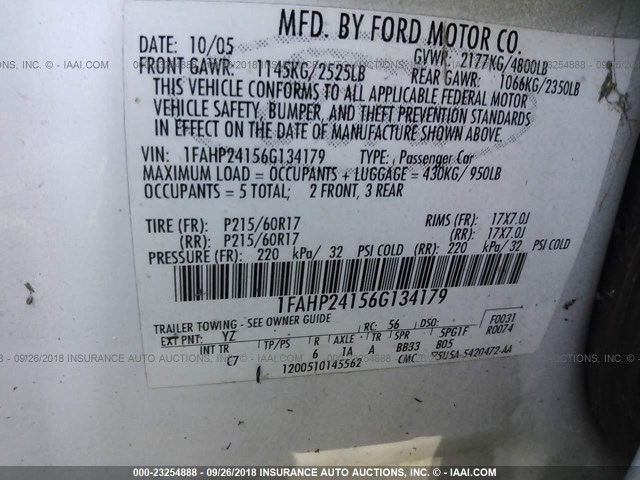 1FAHP24156G134179 - 2006 FORD FIVE HUNDRED SEL WHITE photo 9